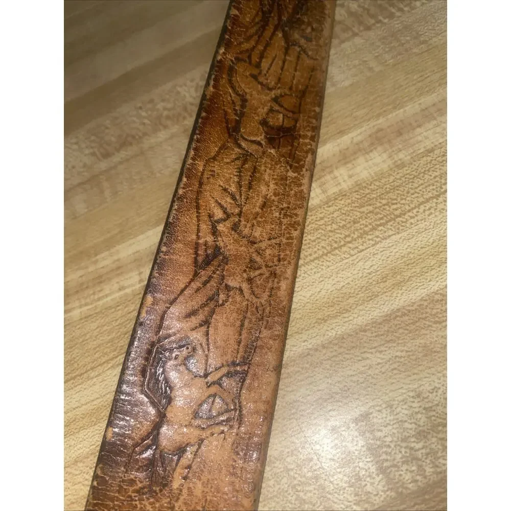 Vintage Western Hand Tooled Brown Leather Strap Horse Scene Belt Sz 36 Cowboy